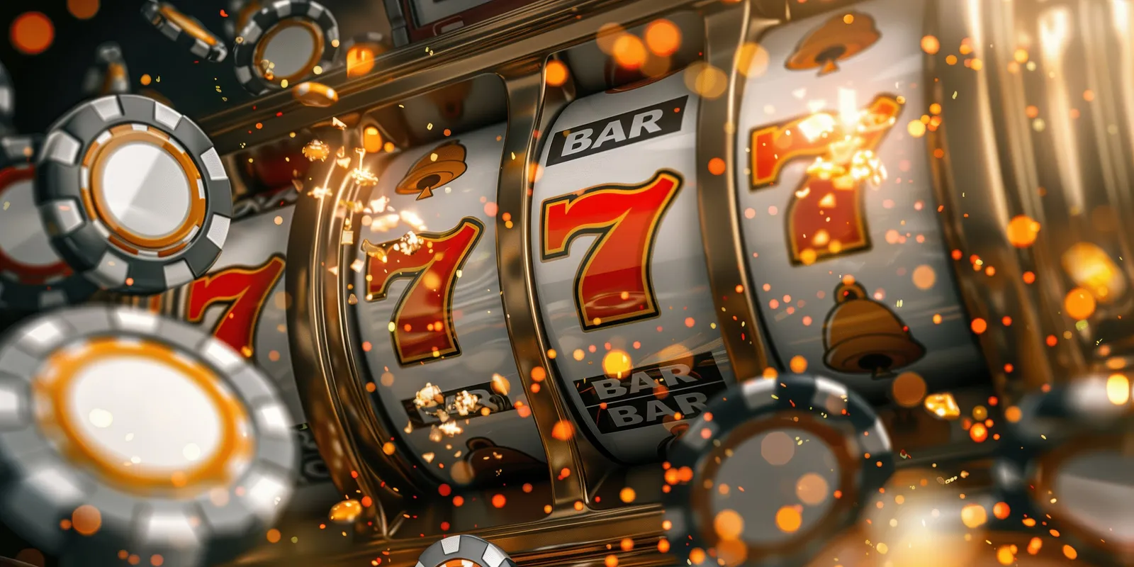 A slot machine displays red sevens and BAR symbols amid casino chips and glowing sparks.